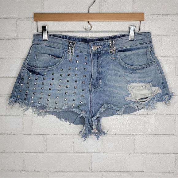 PCTL Pants - PTCL Studded Distressed Cutoff Cheeky Daisy Dukes Light Blue Denim Shorts